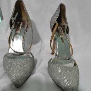 Badgley Mischka silver sparkly strappy, pointy-toe heels